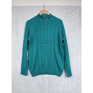 Karen Scott Sweater Womens M Teal Cable Knit Mock Neck Cottage Granny Fisherman